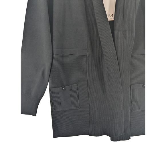 Magaschoni Open Front Cardigan Small Black Ribbed Knit Long Sleeve Front Pockets - Picture 3 of 12